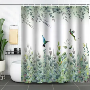 Vibrant 3D hummingbird and eucalyptus leaves print waterproof shower curtain in bathroom