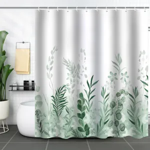 Detailed view of waterproof green botanical print shower curtain in bathroom
