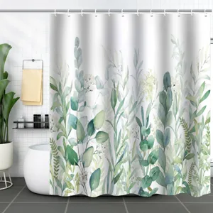 Detail view of a waterproof botanical shower curtain with eucalyptus leaf print design.