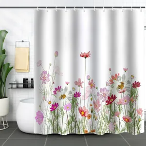 Waterproof shower curtain featuring colorful cosmos flower digital print for bathroom