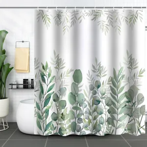 Detailed view of botanical green leaf print shower curtain in a modern bathroom decor