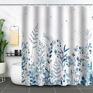 Detailed view of high quality waterproof shower curtain with 3D blue botanical print.