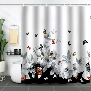 Modern bathroom featuring a 3D digital print shower curtain with flowers and butterflies