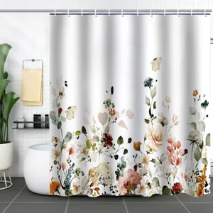 Detailed view of a botanical floral digital print shower curtain in a modern bathroom