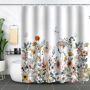 Detailed view of 3D digital floral and butterfly print on waterproof shower curtain
