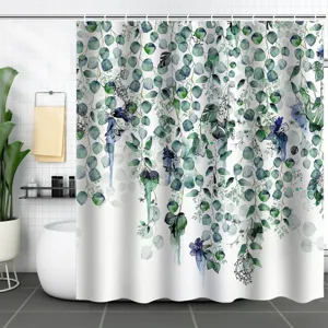 Fresh green botanical shower curtain with eucalyptus leaf print in modern bathroom