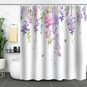 Elegant purple wisteria floral shower curtain shown in a bright modern bathroom setting