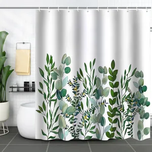 Waterproof white shower curtain featuring 3D green plant leaves print in bathroom