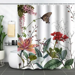 Close-up detail of 3D floral shower curtain with lily butterfly and botanical prints