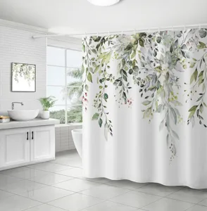 Waterproof shower curtain with watercolor green leaves in modern white bathroom decor