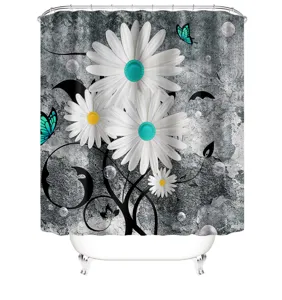 Detailed 3D floral print of white daisies and teal butterflies on gray shower curtain