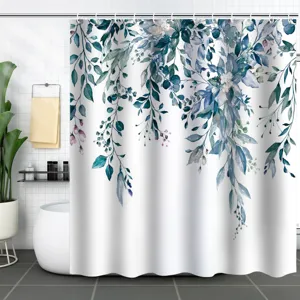 Elegant watercolor botanical shower curtain with hanging leaf pattern in bathroom setting.