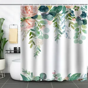 Detail of watercolor eucalyptus and rose print on a white waterproof shower curtain.