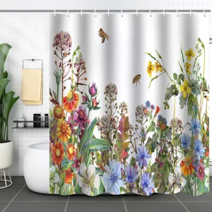 Vibrant floral shower curtain with 3D digital botanical and bee print in bathroom