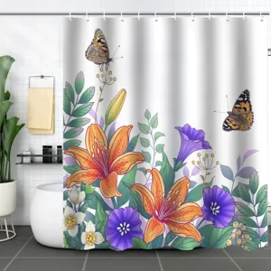 Detailed view of vibrant 3D floral and butterfly print on waterproof shower curtain