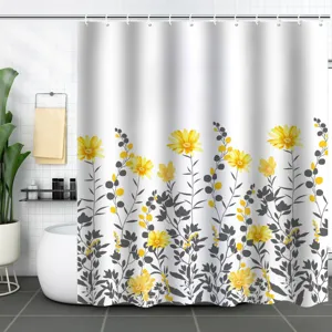 Modern waterproof shower curtain with yellow sunflower and grey leaf floral pattern
