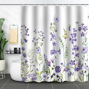 Detailed view of the purple floral watercolor shower curtain in a modern bathroom scene