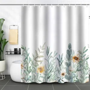 Close-up of waterproof shower curtain featuring vibrant green botanical floral pattern
