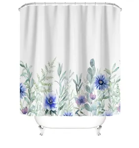 Detailed view of the waterproof 3D digital floral print on white shower curtain