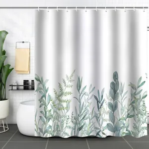 Detail view of waterproof shower curtain with vibrant green botanical leaf print