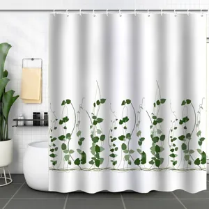 Waterproof shower curtain with 3D green vine plant print in a modern bathroom setting