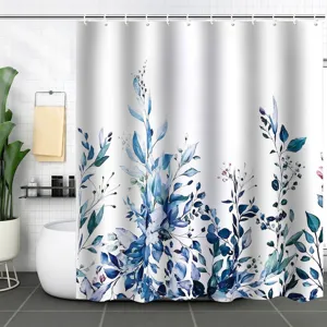 Waterproof polyester shower curtain with blue botanical leaf print in modern bathroom