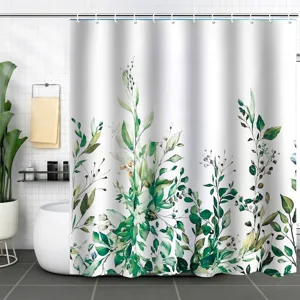 Close-up of waterproof shower curtain featuring vibrant green botanical leaf prints