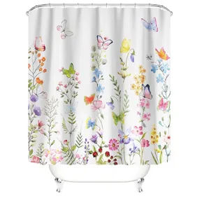 Full display of waterproof watercolor floral and butterfly printed shower curtain
