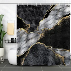 Modern waterproof black gold marble pattern shower curtain displayed in a minimalist bathroom