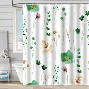 Waterproof botanical shower curtain featuring green leaves and elegant orange floral prints