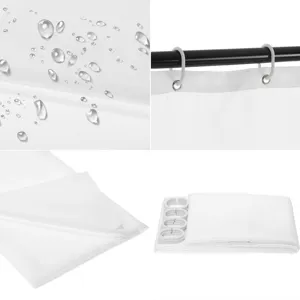 Premium waterproof white shower curtain with plastic rings and metal grommets for bathroom.