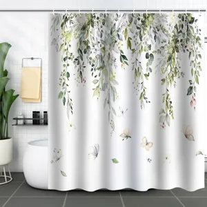 Rideau de douche imperméable avec feuilles vertes et papillons, impression numérique