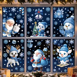 Autocollants Statiques de Fenêtre de Noël Bleu Blanc Père Noël Élan Bonhomme de Neige Flocon de Neige Décalcomanies en Verre pour Centre Commercial Maison Décoration de Fête
