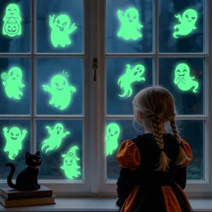 Halloween autocollants fenetres fantome luminescent, stickers fluorescents effrayants fete.