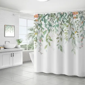 Rideau de douche imperméable blanc avec motif de feuilles vertes et de fleurs roses