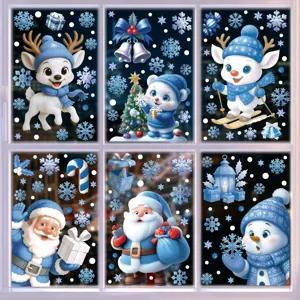 Autocollants statiques de fenetre de Noel theme bleu bonhomme de neige pere noel cerf