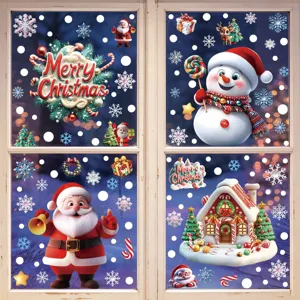 Weihnachtsfensteraufkleber mit Schneemann, Weihnachtsmann und Schneeflocken für die Party.