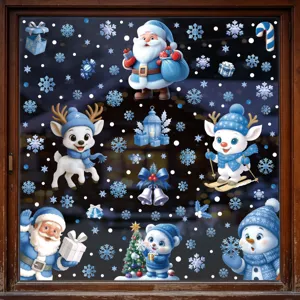 Noël bleu fenêtres autocollants statiques Père Noël renne flocon de neige en verre décoration