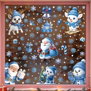 Autocollants de fenêtre de Noël bleus avec renne, Père Noël, bonhomme de neige et flocons.