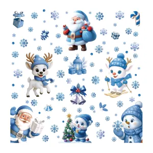 Autocollants de fenetre de Noel bleu ensemble statique avec pere Noel renne bonhomme de neige.
