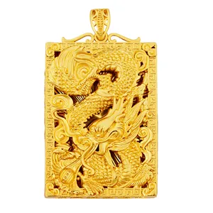 Detailed view of traditional Chinese dragon rectangular gold pendant, exquisite embossed design.