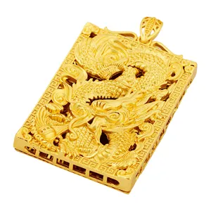 Gold-plated brass dragon pendant necklace detail, traditional Chinese totem square jewelry.