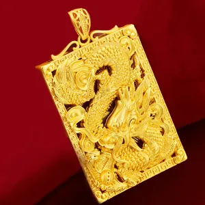 Gold dragon pendant necklace for men, Vietnamese gold brass square plaque jewelry accessory.