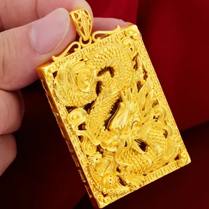 Exquisite brass sand gold dragon square pendant necklace with intricate traditional relief details.