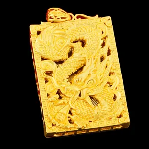 Close-up of a men's gold plated brass square dragon pendant featuring intricate relief carving.