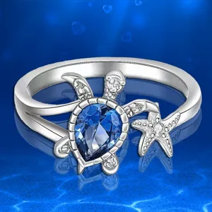 Alloy Rhinestone Sea Turtle Starfish Ring For Women Silver Gold Plated Blue Crystal Marine Animal Hawaiian Beach Resort Style Finger Ring Jewelry Gift