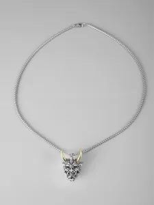 Collana con Pendente Maschera Hannya Giapponese Retro Corna Dorate Catena Argento Hip Hop