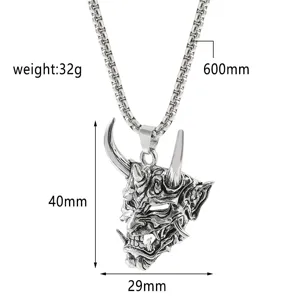 Collana con ciondolo maschera Oni samurai giapponese retro hip hop con catena di 600mm
