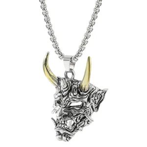 Collana con maschera Hannya giapponese stile hip hop vintage ciondolo corna oro gioielli