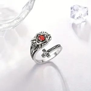 Vintage silver rose ring with red stone and cross detail, gothic open wrap ring for women.